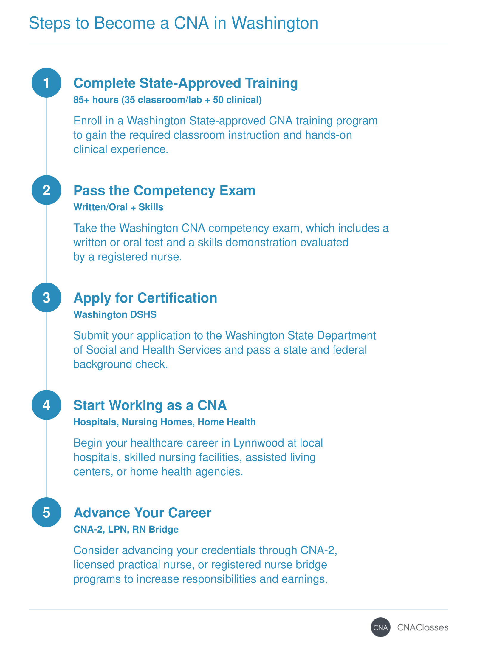 Steps to become a CNA in Washington: complete a state-approved program, pass the competency exam, apply for certification, begin working, and consider advancement.