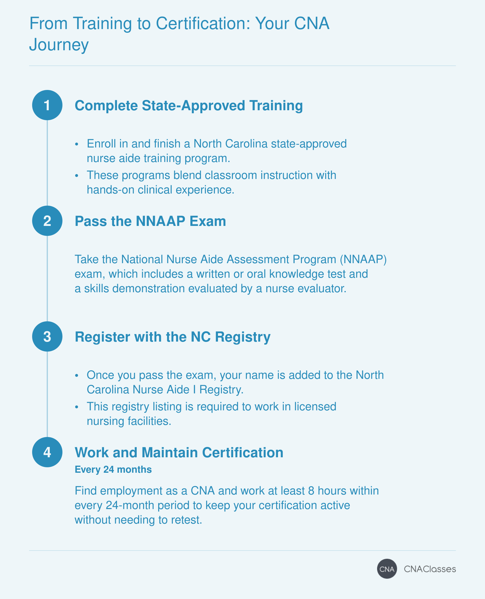 Four steps to CNA certification in North Carolina: complete state-approved training, pass the NNAAP exam, register with the NC Nurse Aide Registry, and work to maintain certification.