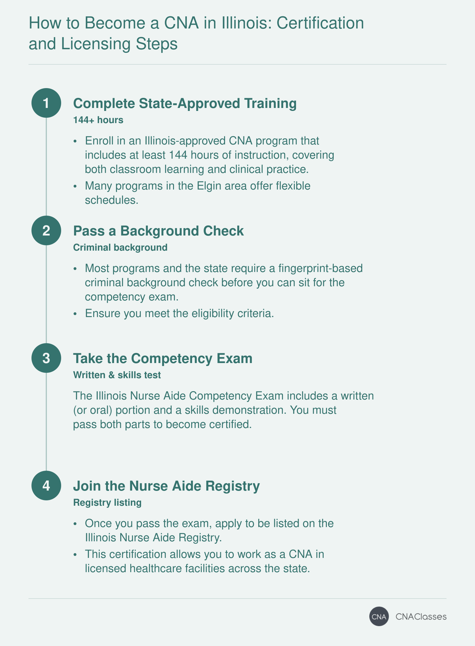 Steps to become a CNA in Illinois: training, exam, and registry listing.