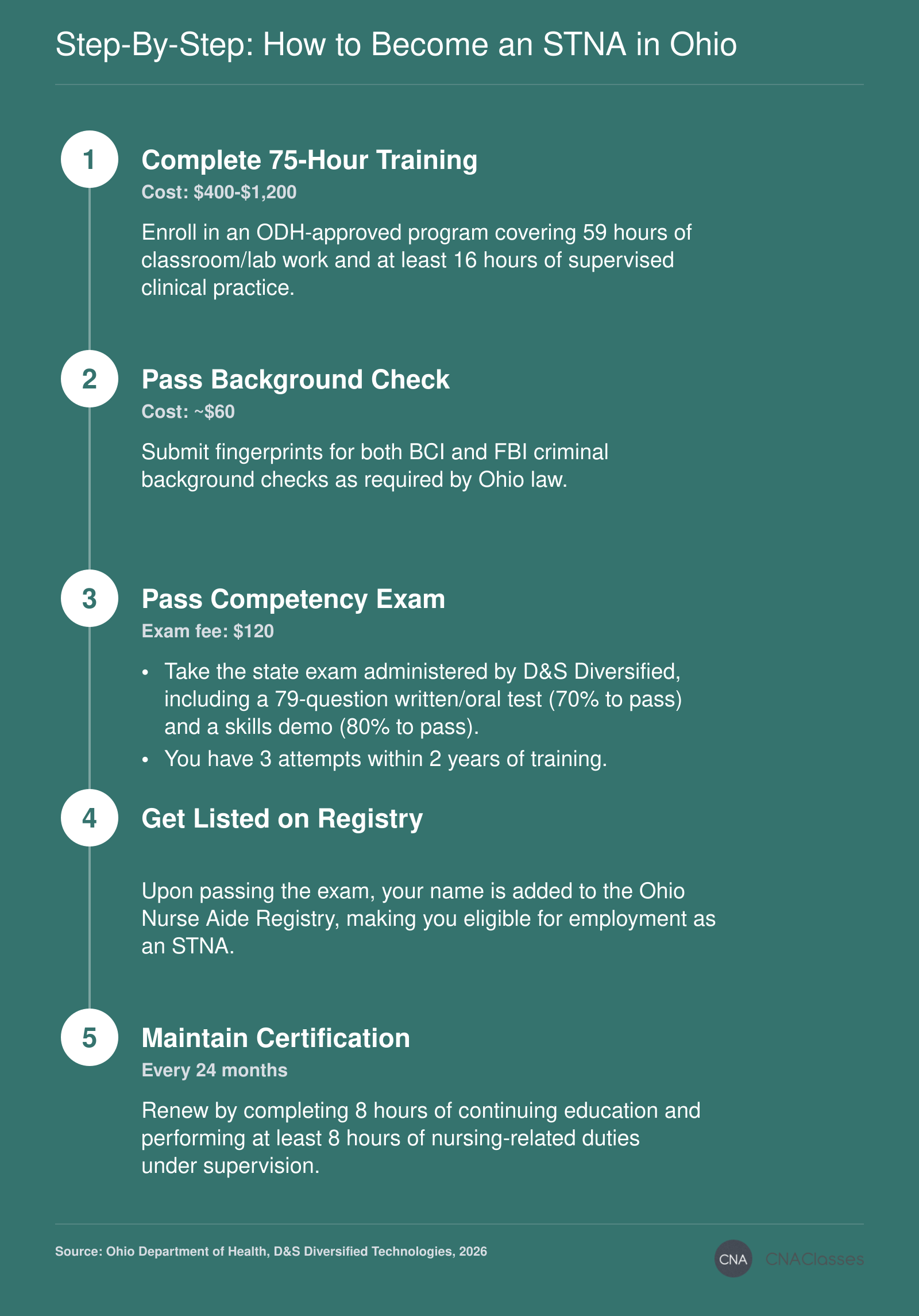 Five-step process to become a State Tested Nurse Aide in Ohio: training, background check, exam, registry listing, and renewal requirements.