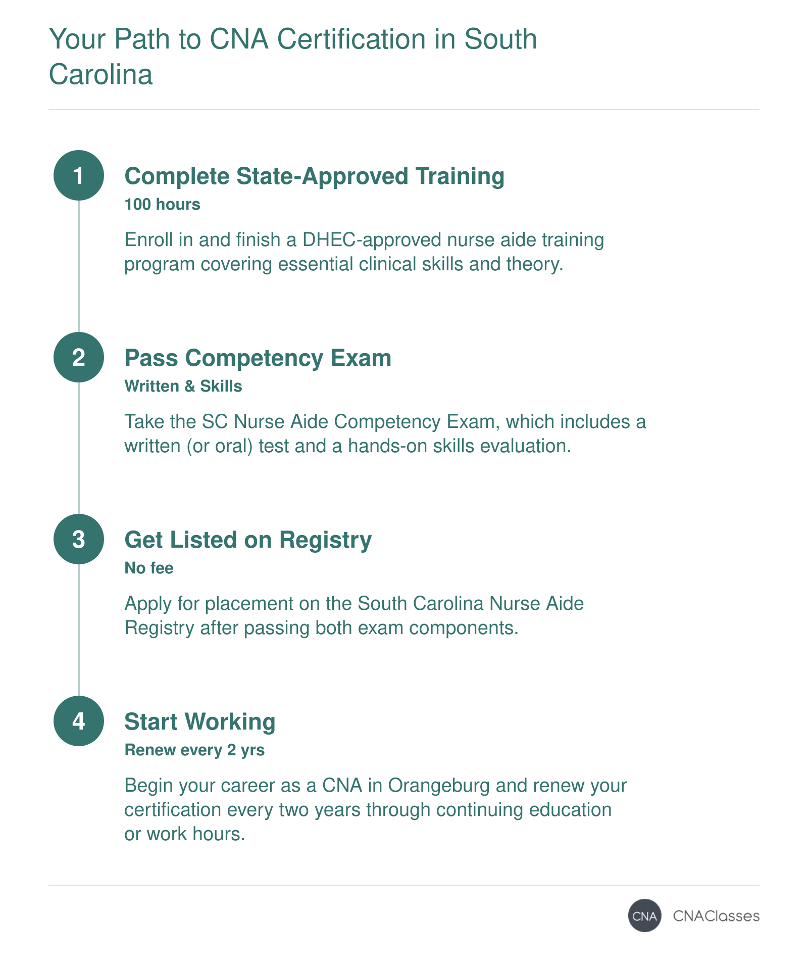 The four-step CNA certification process in South Carolina: complete 100-hour training, pass written and skills exam, join the Nurse Aide Registry, and begin working.