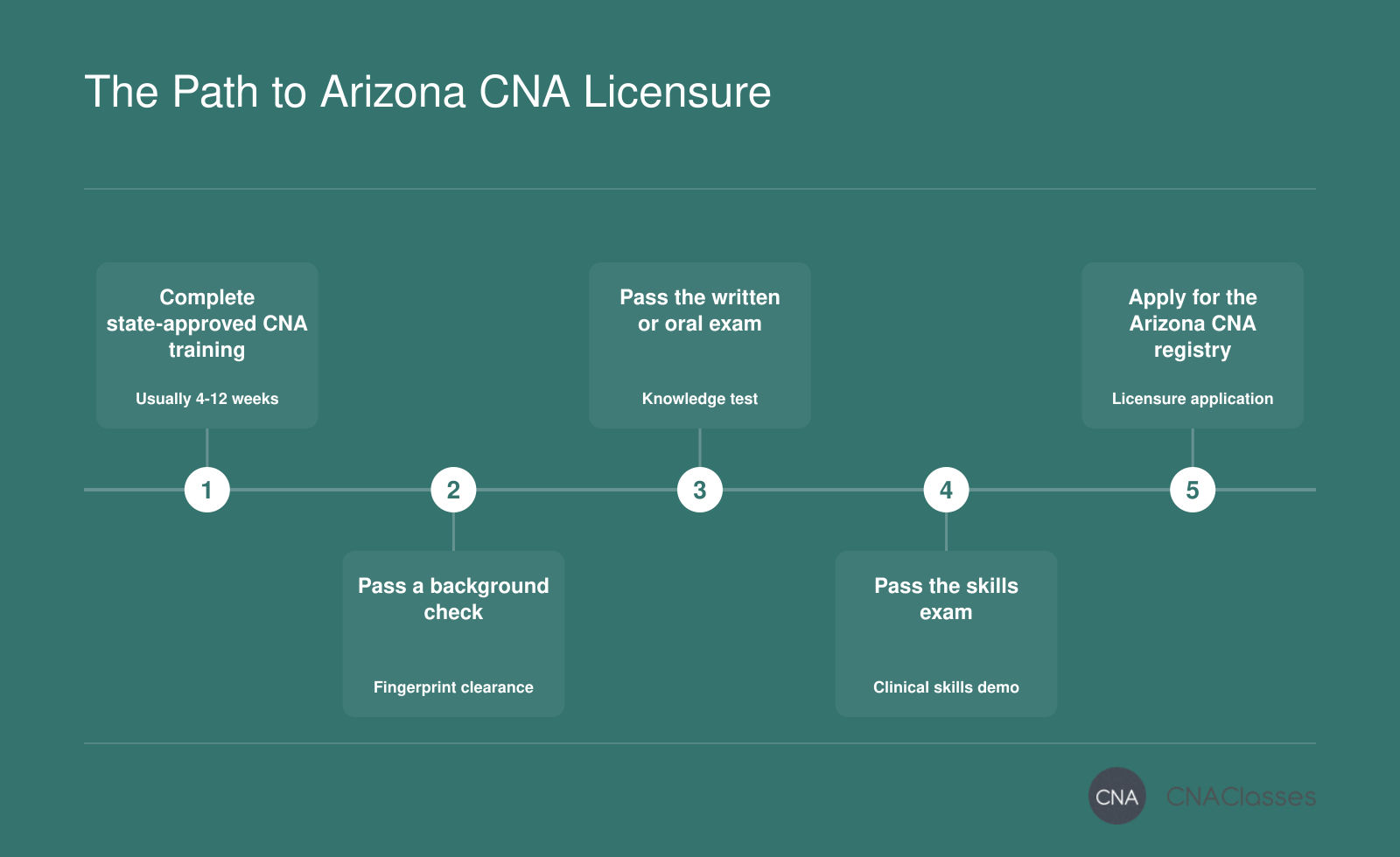 Five-step path to Arizona CNA licensure: training, background check, written exam, skills exam, registry application.