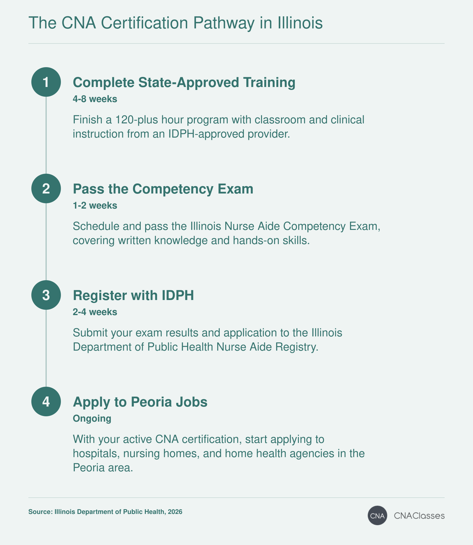 Four-step timeline for CNA certification in Illinois: approved training (4-8 weeks), competency exam (1-2 weeks), IDPH registry (2-4 weeks), and job applications in Peoria.