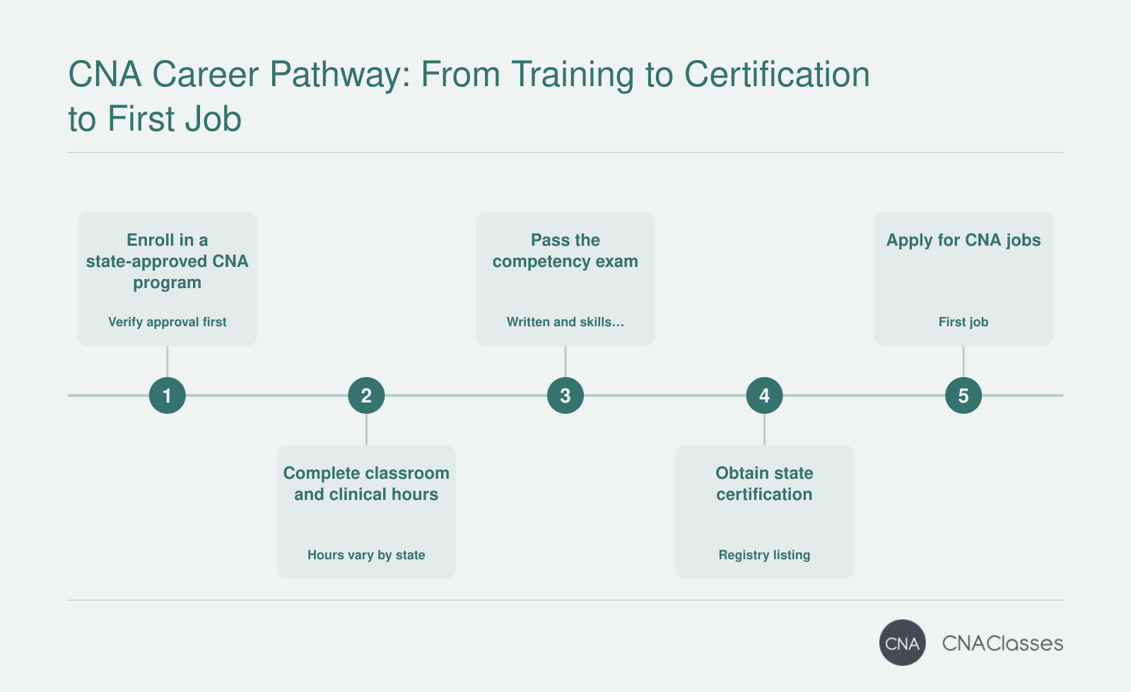 Five step sequence from CNA program enrollment through state certification to applying for first CNA jobs.