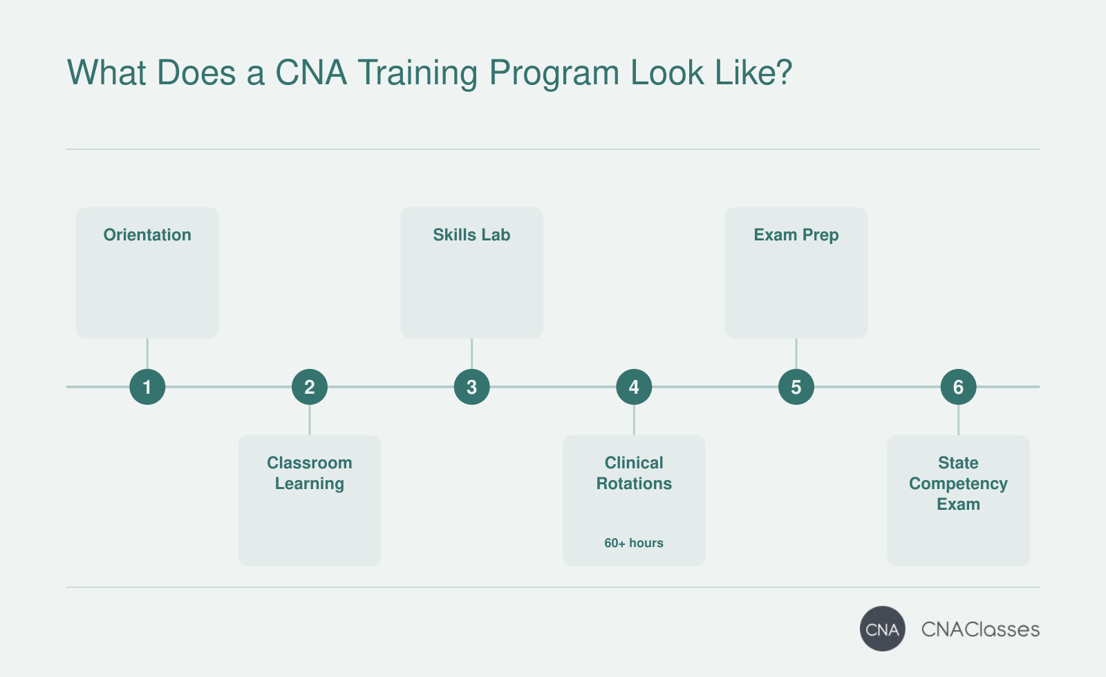 CNA training sequence: orientation, classroom learning, skills lab, clinical rotations, exam preparation, and state competency exam, typically completed in 4 to 12 weeks.