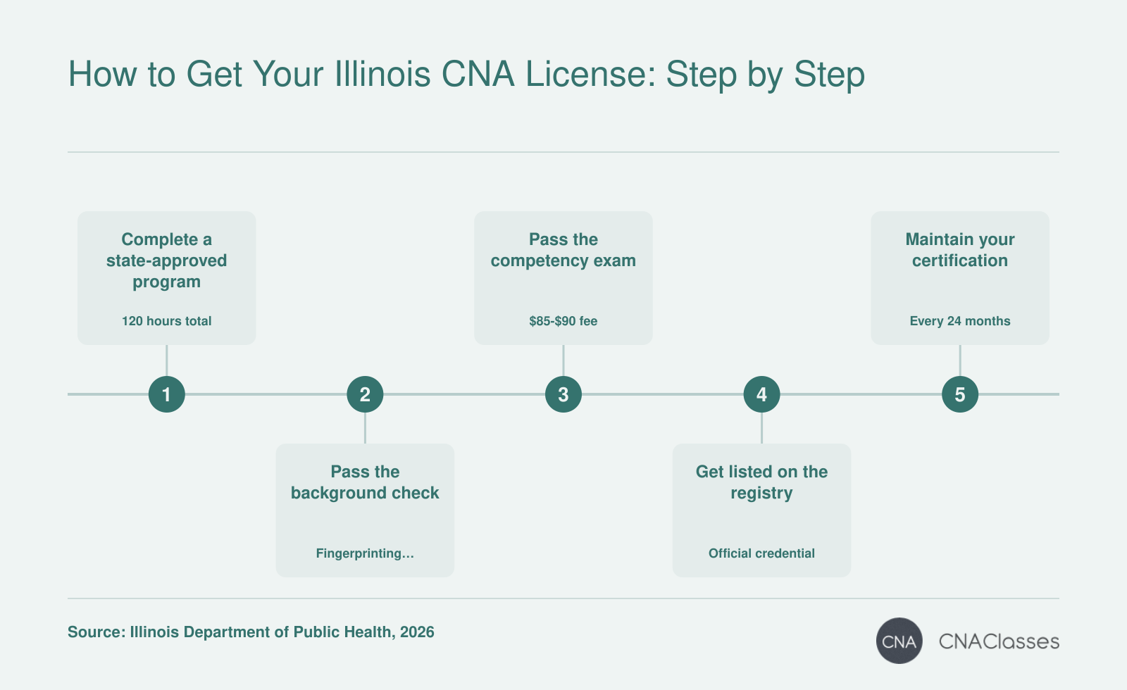 Steps to become a CNA in Illinois: complete 120-hour training, pass background check and fingerprinting, pass the state competency exam costing $85-$90, get listed on the registry, and maintain certification by working within 24 months.