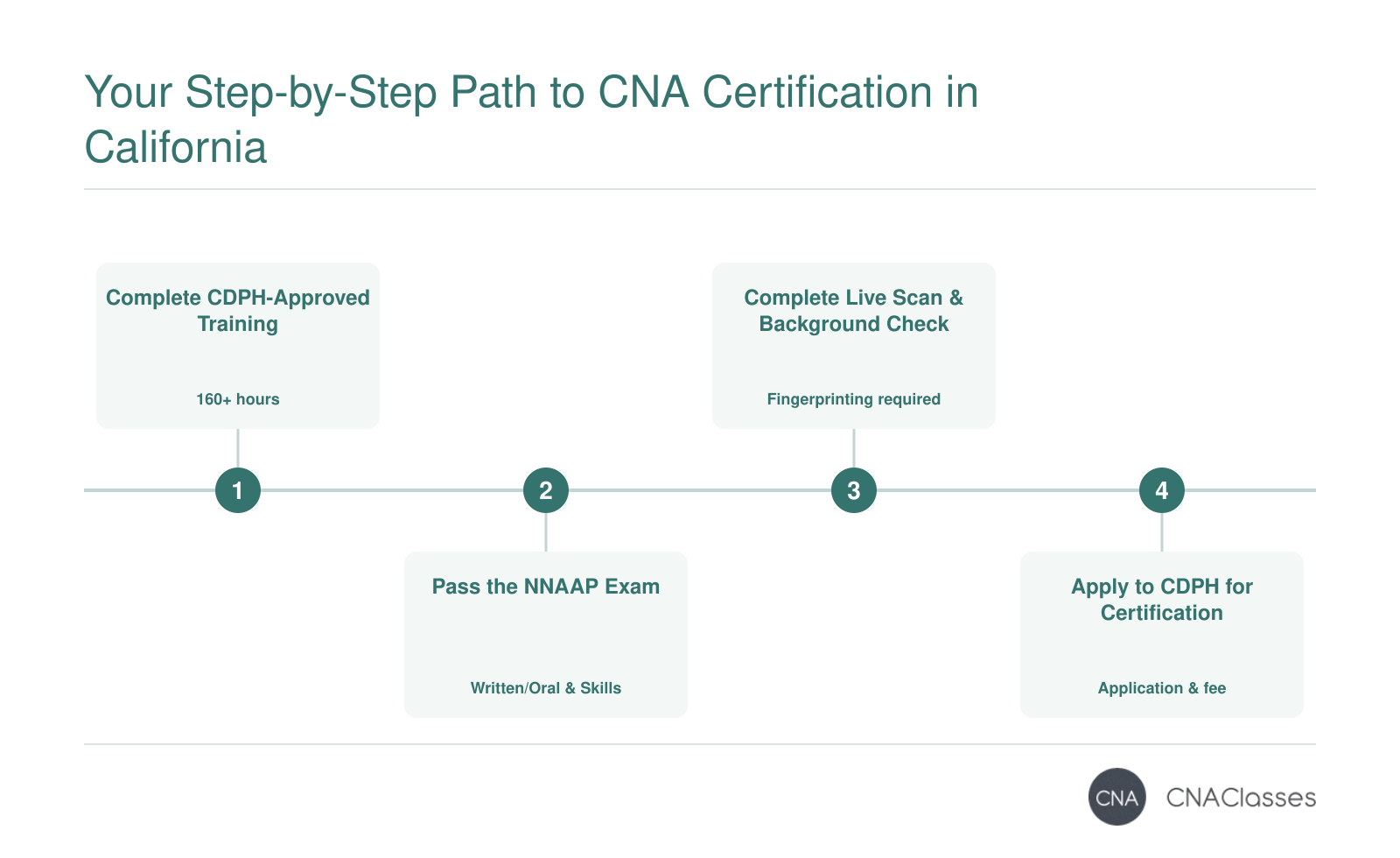 Four-step sequence to become a CNA in California: complete approved training, pass NNAAP exam, Live Scan fingerprinting, and submit CDPH application.