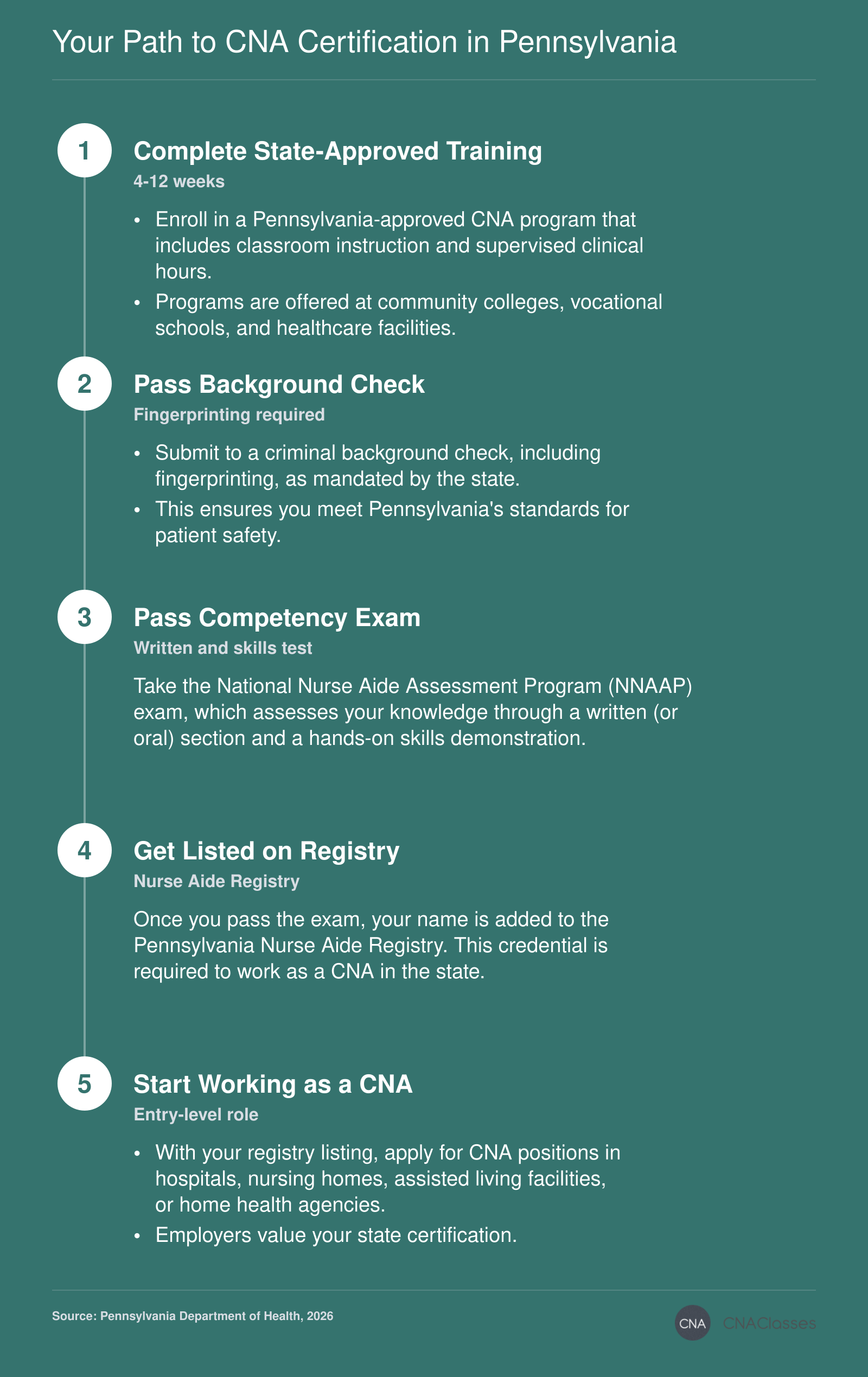 Five-step process to become a CNA in Pennsylvania: training, background check, exam, registry listing, and employment.