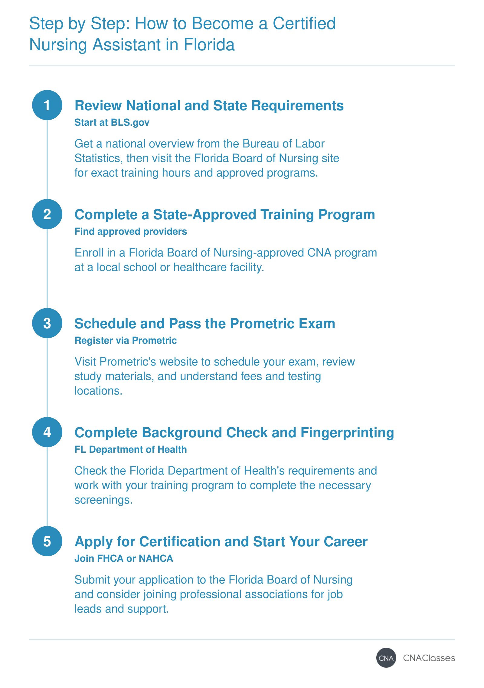 The step-by-step process to become a CNA in Florida, from researching requirements to applying for certification, with resources from BLS, Prometric, and the FL Board of Nursing.