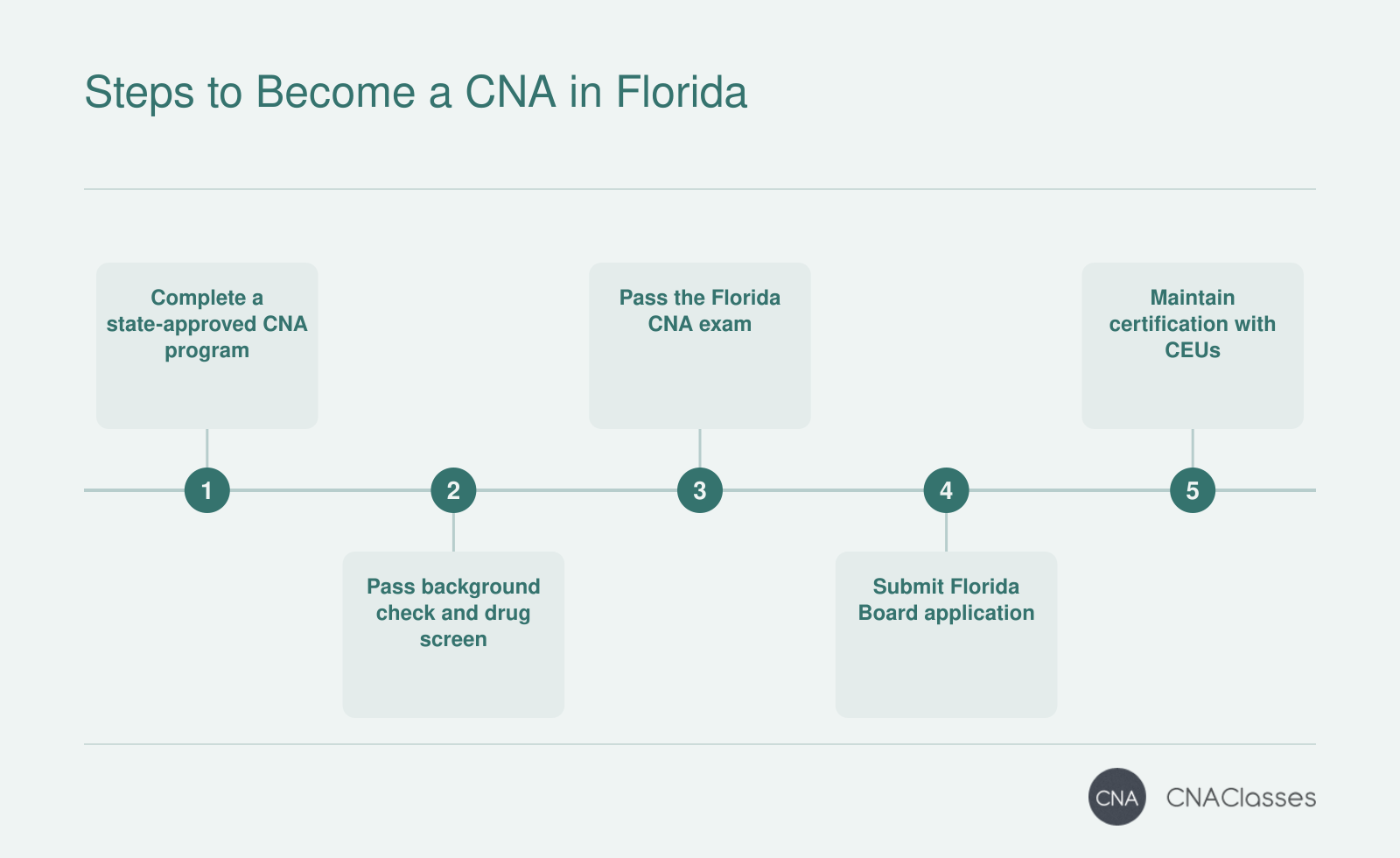 Five-step sequence from completing a state-approved CNA program through exam, state application, and certification renewal.