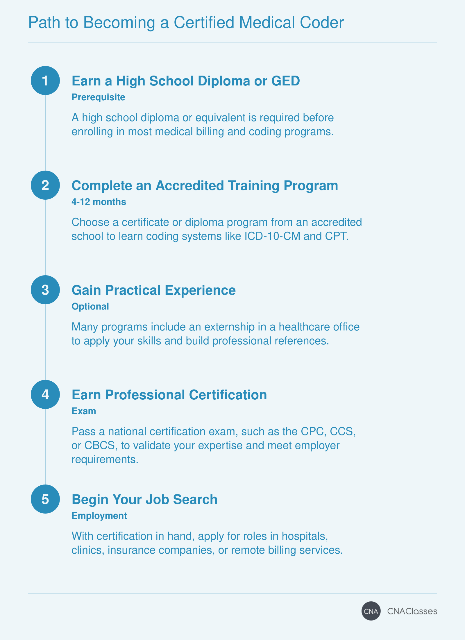 A five-step timeline: earn high school diploma, complete accredited training, gain practical experience (optional externship), earn certification, and begin job search.