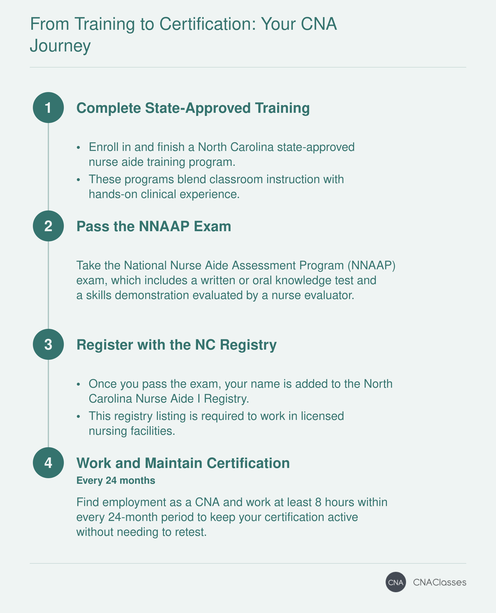 Four steps to CNA certification in North Carolina: complete state-approved training, pass the NNAAP exam, register with the NC Nurse Aide Registry, and work to maintain certification.