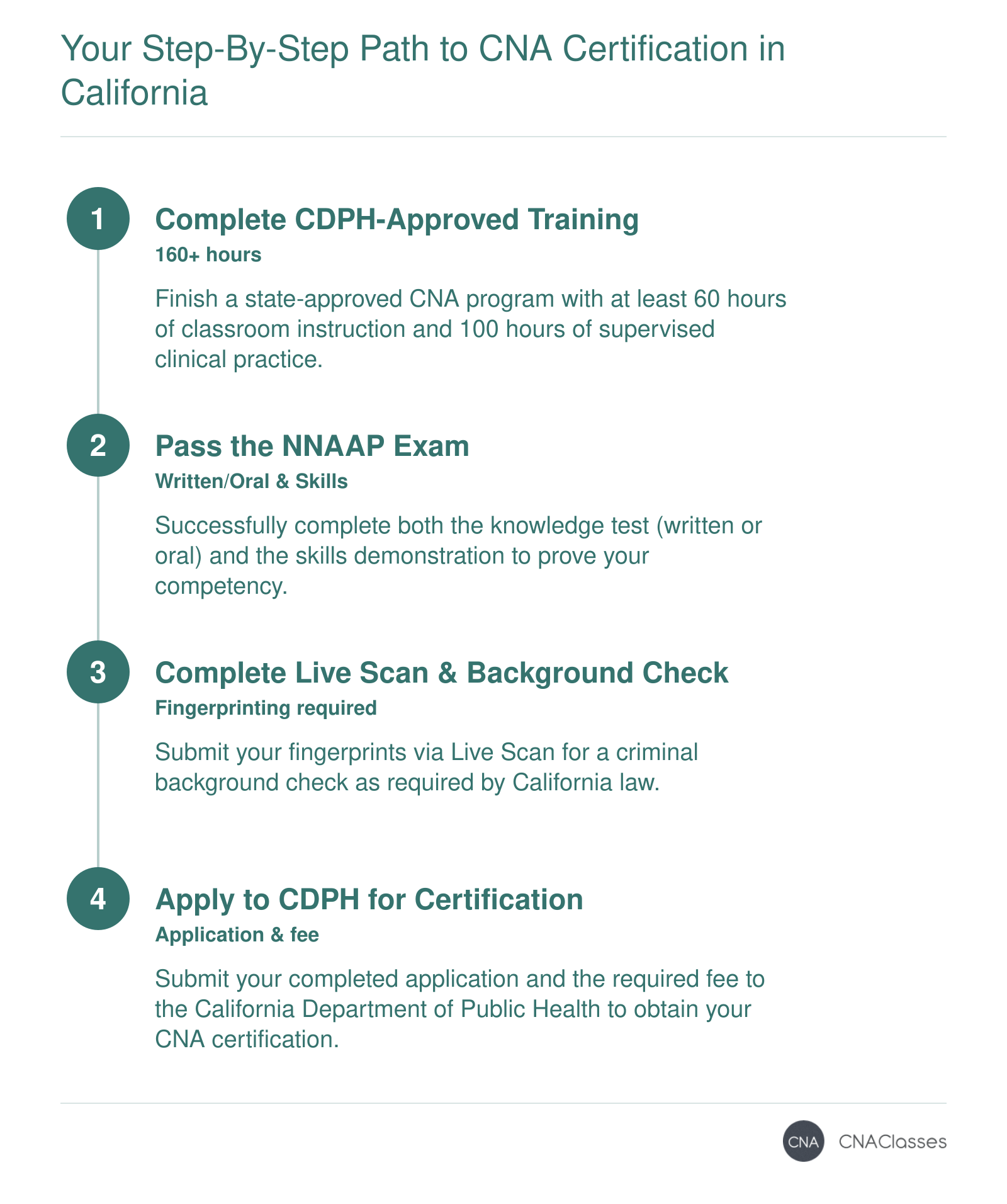Four-step sequence to become a CNA in California: complete approved training, pass NNAAP exam, Live Scan fingerprinting, and submit CDPH application.