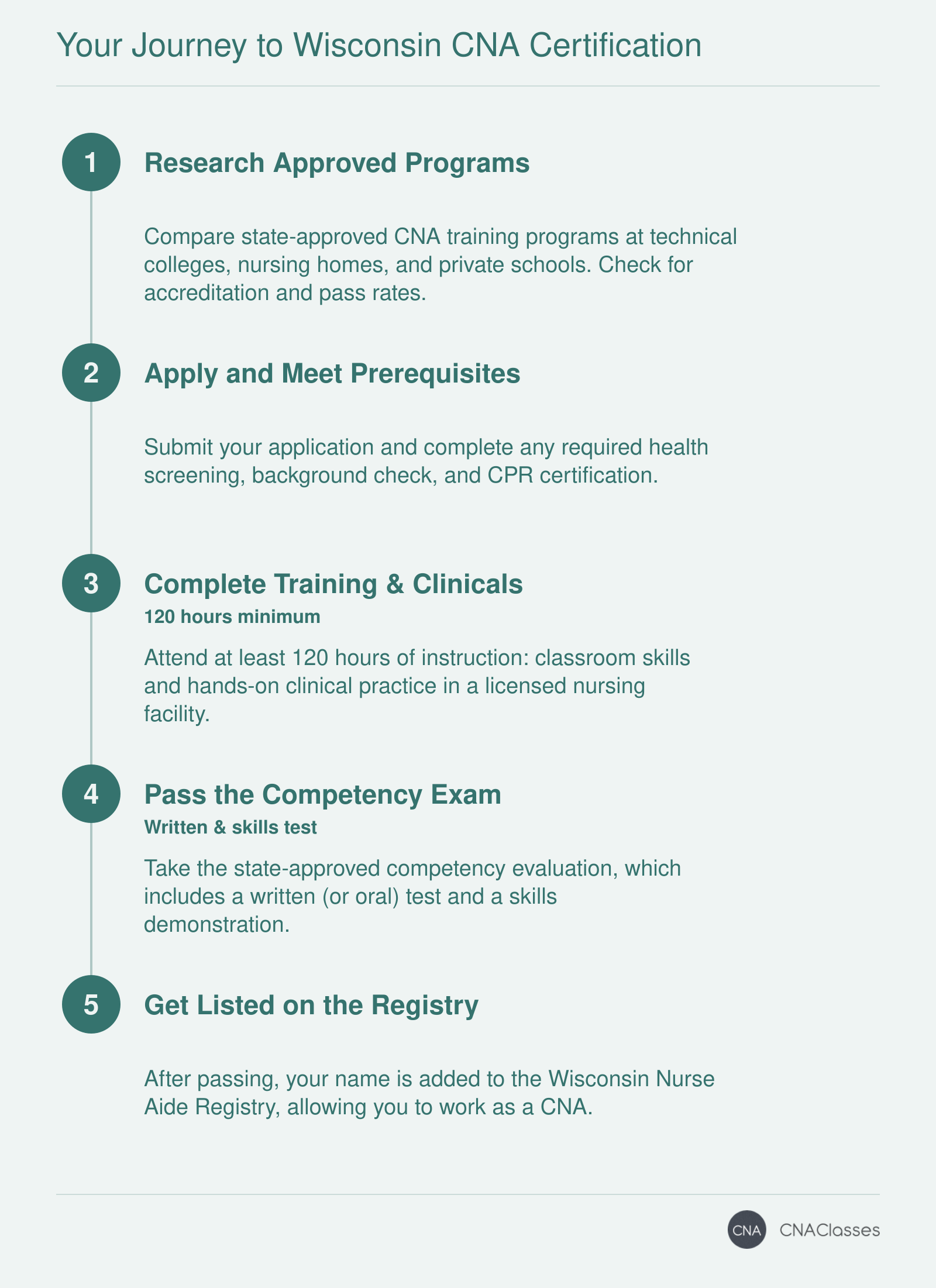 Five-step process to become a CNA in Wisconsin: research programs, apply, complete 120+ hours of training and clinicals, pass the state exam, and get listed on the Nurse Aide Registry.