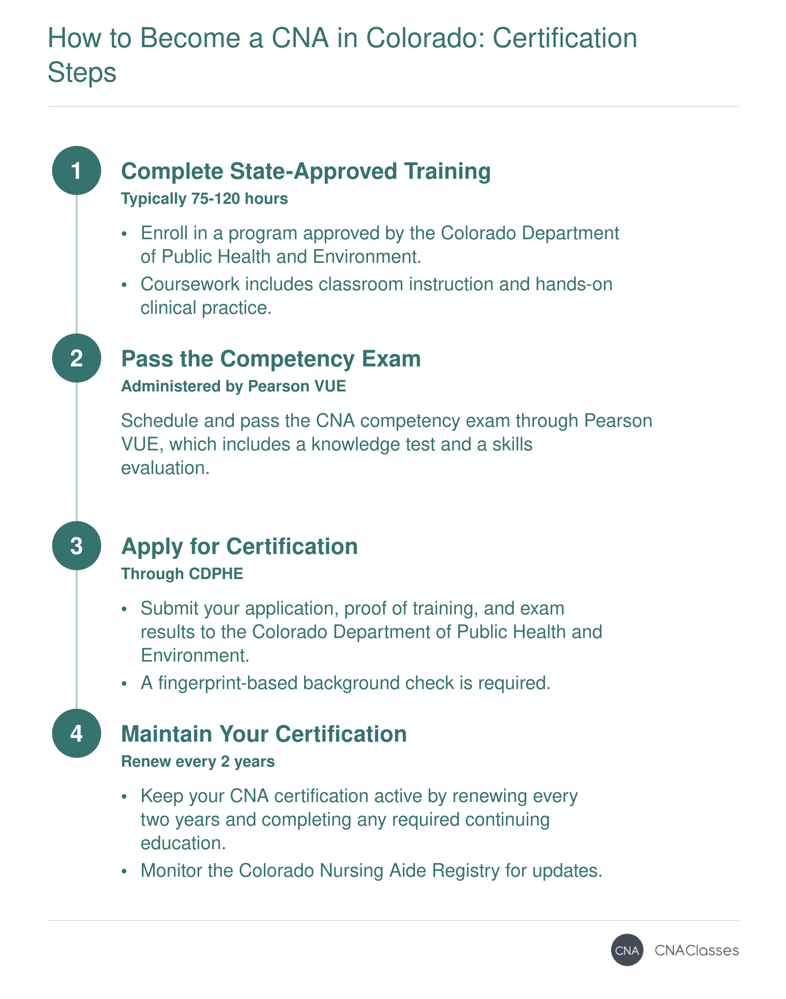 A four-step process for obtaining CNA certification in Colorado, from state-approved training to passing the exam, applying for certification, and maintaining it.
