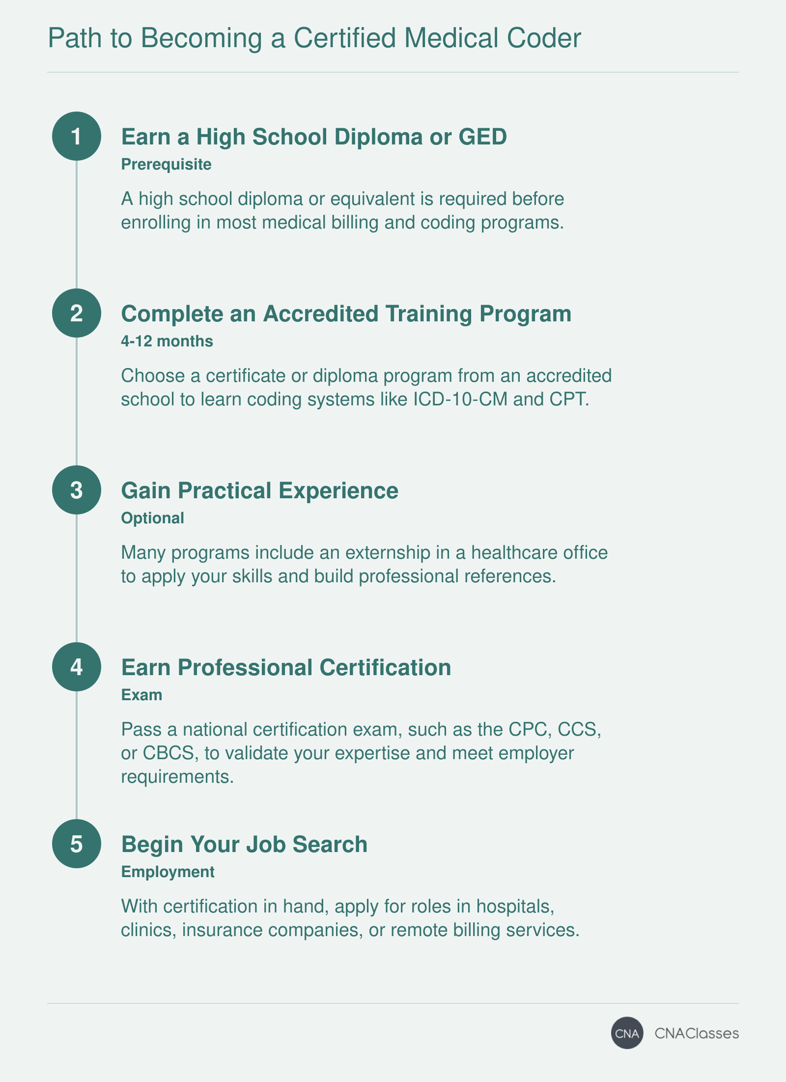 A five-step timeline: earn high school diploma, complete accredited training, gain practical experience (optional externship), earn certification, and begin job search.